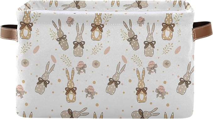 Happy Easter Day Eggs Bunny Storage Basket Fabric Laundry Baskets Easter Rabbit Peeps Spring Flowers Storage Boxes Organizer Bag for Baby Cloth Toy Book Storage Cubes Shelf Closet Bins 16×12×8 Inches