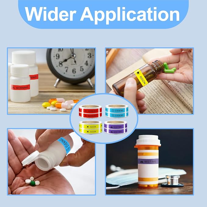 2000 Pcs 4 Rolls Pre-Cut Medicine Stickers Medication Instruction Labels | Morning Noon Evening Bedtime Medication Reminder Stickers for Pill Case Planner or Pocket Pharmacy Labels (500 Per Roll ）