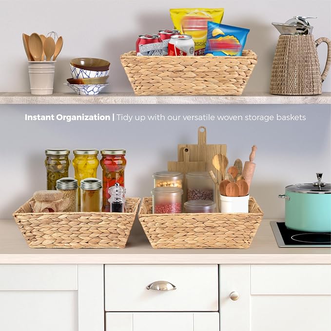 Set of 3 Snack Baskets, Water Hyacinth Basket,Wicker Snack Basket Organizer | Small Wicker Baskets with Handles, Woven Baskets for Storage (3 Medium Basket)