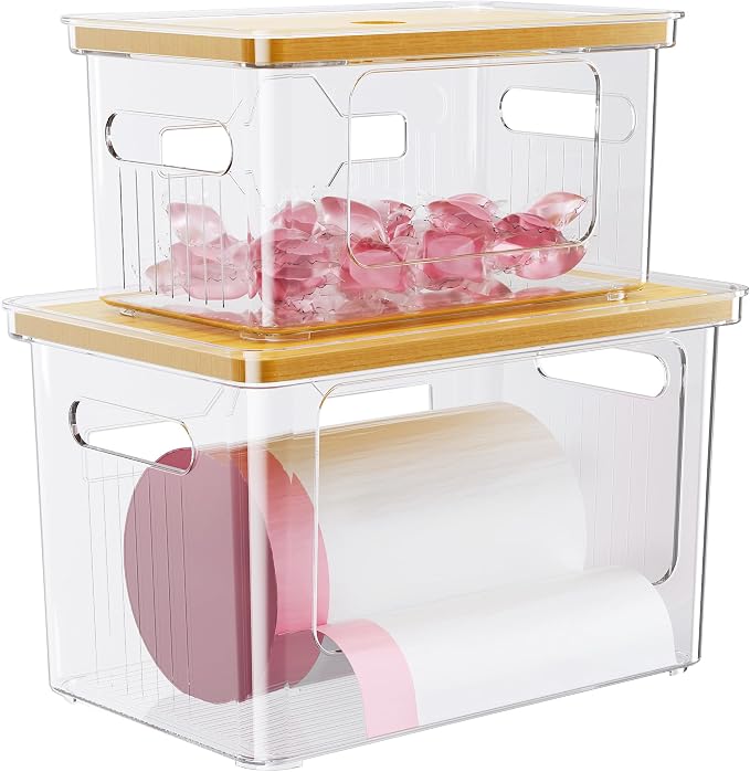 Delamu 2 Pack (XL+S) Trash Bag Dispenser + 3 In 1 Dishwasher Pod Holder | Clear Acrylic Organizer Bins for Under Sink Organization, Pantry Storage, Cabinet, Kitchen, Laundry, Bathroom
