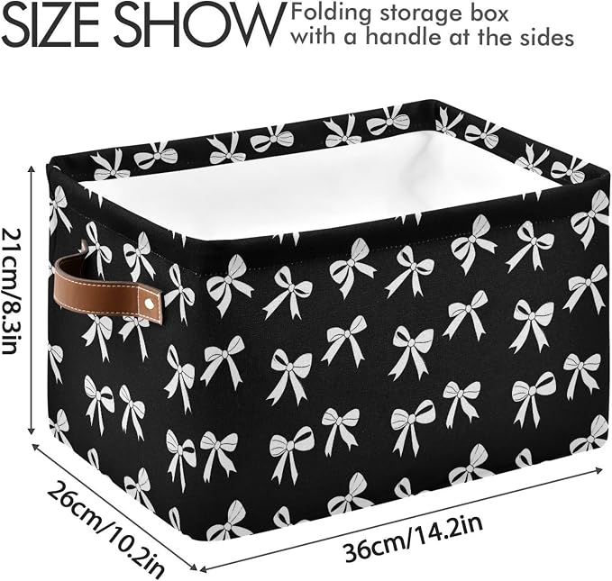 Wamika Black White Bow Storage Basket with Waterproof Liner and PU Handles Coquette Bowknot Storage Bins Boxes 14.2" Collapsible Decorative Organizer Baskets for Bedroom Closet Office 1 Pack