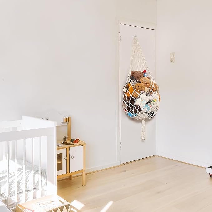 Amdermi Stuffed Animal Hammock Corner, Boho Macrame Plush Toy Storage Net for Wall, Hanging Stuffed Animal Holder for Nursery, Playroom, Kids Room, Cream (Pack of 2)
