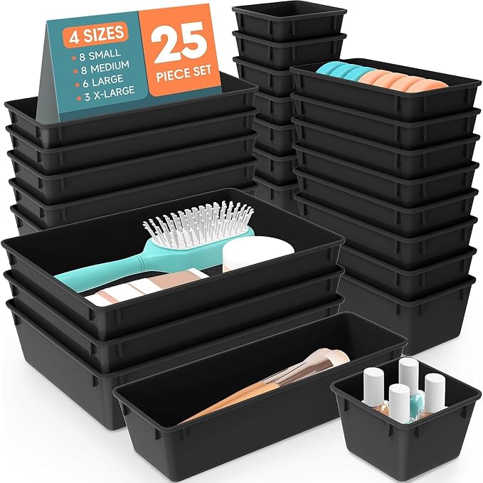 SpaceHacks 25 PCS Plastic Drawer Organizer, 4-Size Versatile Organizer Trays & storage Bins