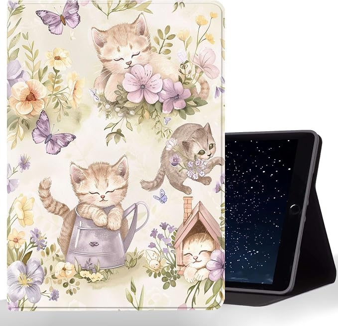 Tablet Case for iPad 10.2 Inch (9th/8th/7th Gen),Shockproof Protective Cover with Stand,Auto Wake/Sleep,Auto Wake/Sleep,Cat Flower Butterfly