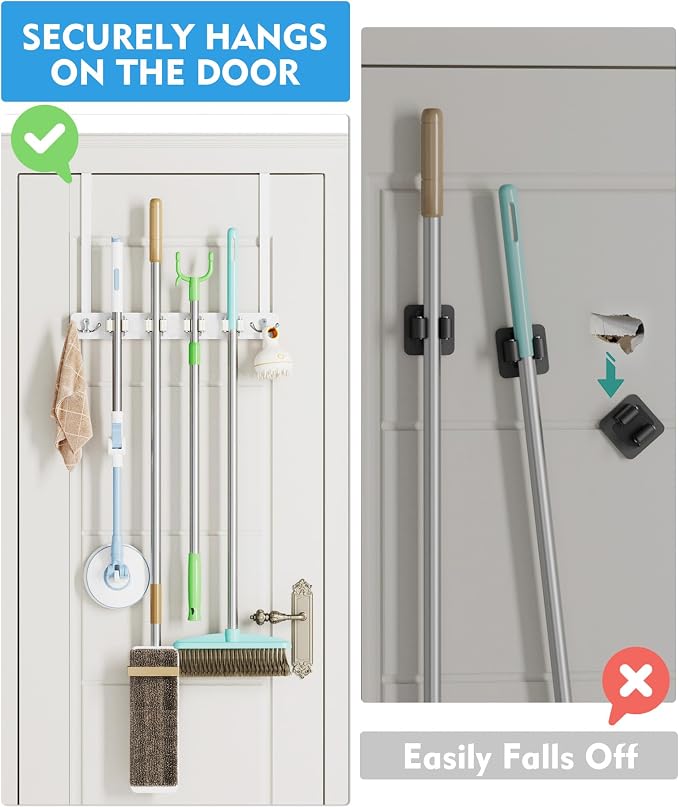 BS-VOG Over the Door Broom and Mop Holder, Broom Hanger, 4 Slots & 4 Hooks | No Drilling Required, Wood and Metal Build, EVA Door Protection Pads, Secure Grip Slots, Closet Garage Laundry Use, White