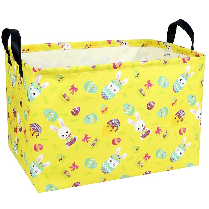 Large Empty Easter Basket for Kid Yellow Fabric Personalized Bunny Eggs Easter Gift Basket for Boy and Girl (Rabbit Chicken)