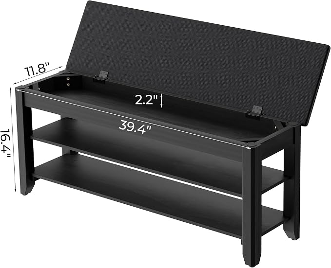Homleke 39.4" Wide Solid Wood Shoe Rack Bench with Flip-Top Storage | 2-Tier Entryway Bench with Cushion, Adjustable Shelf, Holds Up to 10 Pairs, for Hallway, Bedroom and Closet, Black