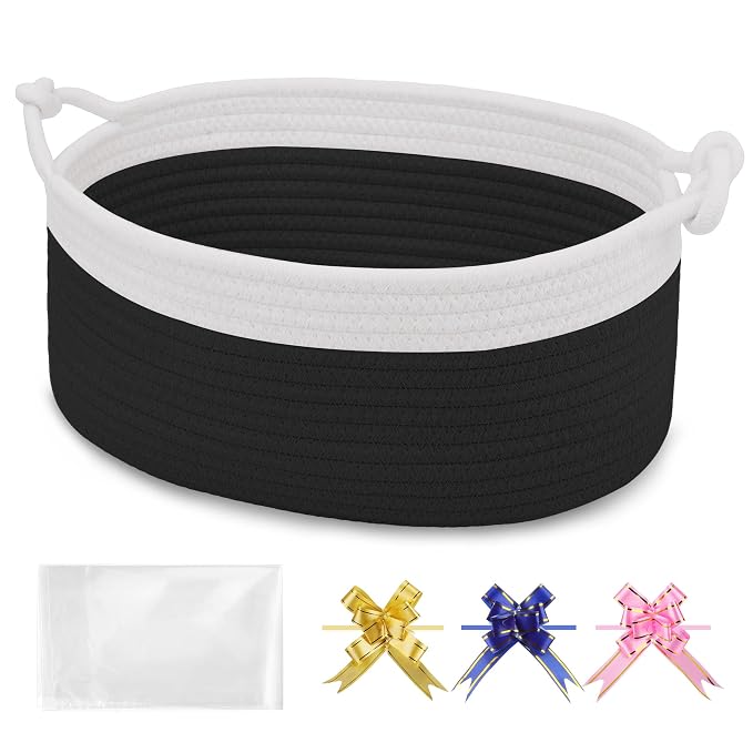 Small Empty Gift Basket with Bag & Ribbons, White & Black | 12“x8”x5”, Cotton Rope Woven Basket for Birthdays, Baby Showers, Mother's Day, Christmas; Stores Small Items, Kids & Pet Toys