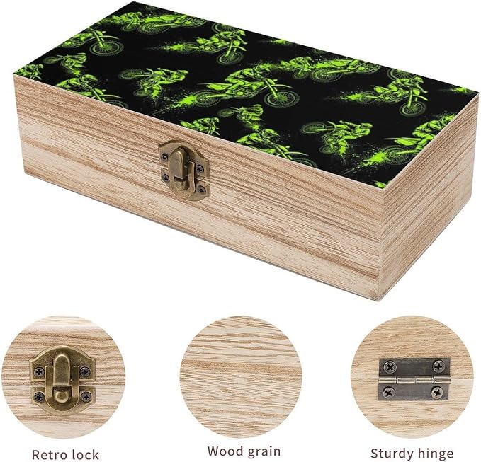 Wooden Box for Keepsakes Memory Boxes with Hinged Lid, Motocross Rider | Extreme Sports Green Black Jewelry Storage Case, Photo Organizer, Party Favor Decor Gift Box, 9.2"x5.5"x3.9"