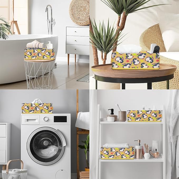 Penguin Cute Happy Cartoon Bathroom Storage Basket, Foldable with Handle Open Countertop Paper Towel Decorative Box, Toilet Tank Top Shelf Baskets for Home Closet Bedroom Living Room Office
