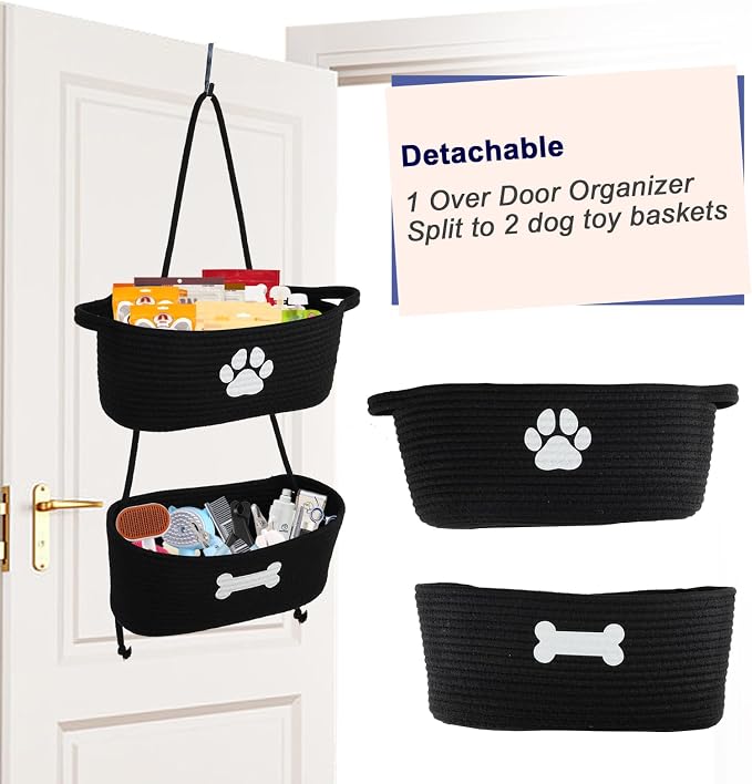2-Tier Dog Baskets,Over Door Hanging Oganizer for Pet Stuff with Metal Hooks,Cotton Rope Wall-Mounted Storage Organizer for Dog Leash/Harness/Small Toys/Trash bag - Black