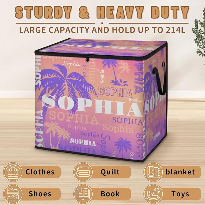Custom Comforters Storage Basket with Lid, Personalized Name Large Organizer Bin for Pet/Children Toys, Books, Clothes, Perfect for Rooms/Playroom, Purple Palm Trees Gradient Pink Background