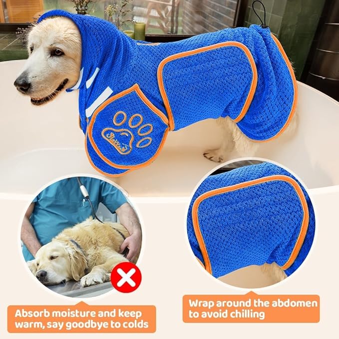 SlowTon Dog Bathrobe Drying Coat – Super Absorbent Microfiber Towel Wrap with Adjustable Collar & Belly Strap, Fast Drying Bath Robe for After Bath Swim, for Large, Medium, Small Dogs (Blue M)