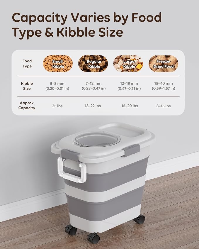 Collapsible Dog Food Container for 10-25 lbs, Airtight Storage Bin | Magnetic Clear Lid with Scoop & Wheels, Space-Saving Design for Dog & Cat Kibble, Rice, Flour,Grey