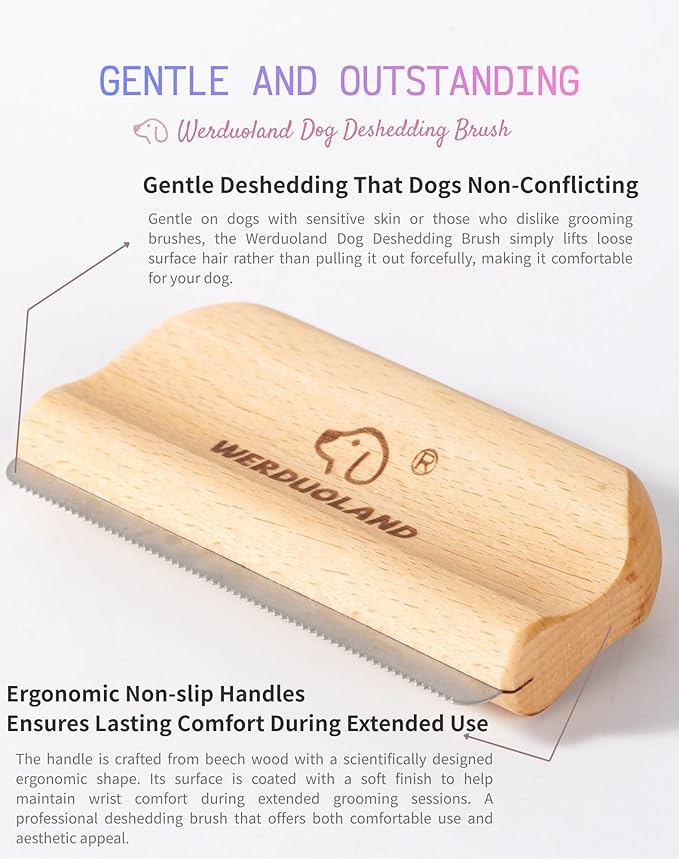 Pet Deshedding Brush for Dogs & Cats, Ergonomic Anti-Slip Wooden Handle Grooming Tool, for Short Long Double-Coated Pet Deshed Brush, Safely & Gently Removes Hair