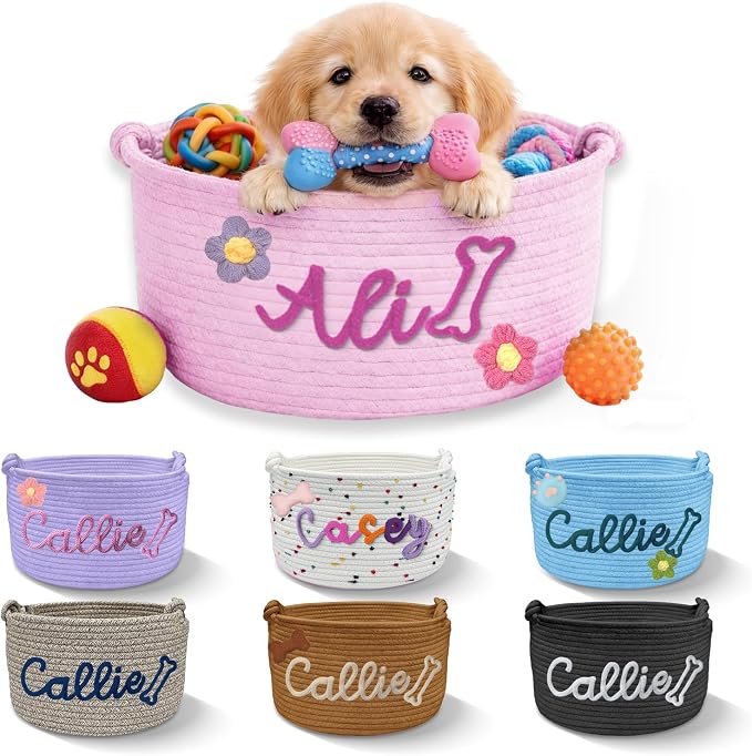 Personalized Dog Cat Toy Basket with Name, Custom New Puppy Toy Storage Bins with Handles, Customized Baskets Organizer for Blankets Pet Supplies Clothes Food