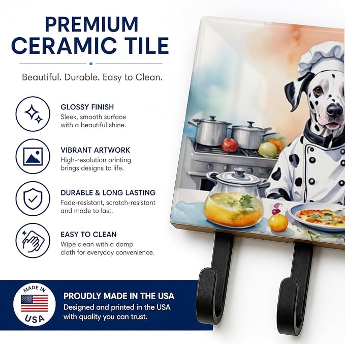 Caroline's Treasures Dalmatian The Chef Leash or Key Holder Wall Hooks, Key Hooks Holder, Coat Rack Wall Mount, Coat Hooks, Hooks for Hanging Keys, Towels, Aprons, Leashes | Dalmatian The Chef artwork on ceramic tile with three steel hooks for keys, le...