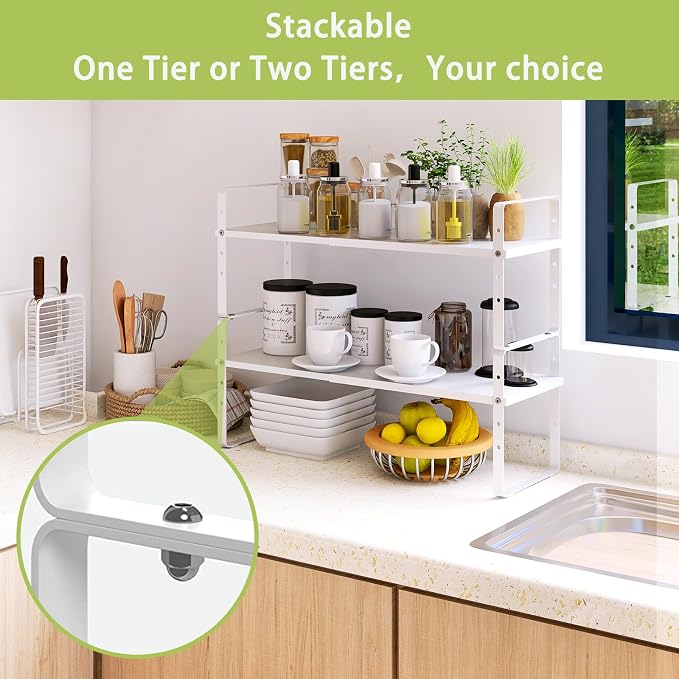 Across-Star Expandable Cabinet Shelf Organizer Rack, Stackable Kitchen Counter Storage Shelves Stand, Adjustable Height Pantry Shelf Spice Rack