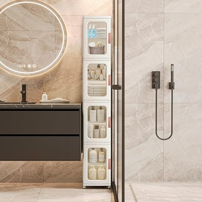 Narrow Storage Cabinet with Doors and Shelves Tall Skinny Bathroom Storage Kitchen Cabinet with Adjustable Shelf Cabinet Organizer Toilet Paper Storage Linen Closet 4 Layer (White)