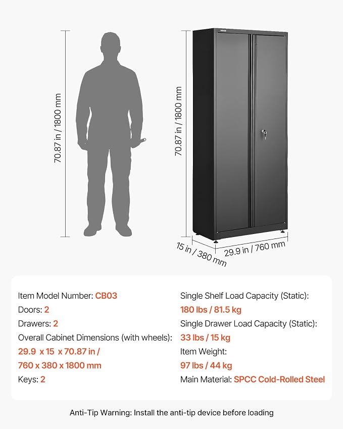 VEVOR Metal Storage Cabinet, 180 lbs Shelf Load Capacity, 70.87" Tall Garage Tool Storage Cabinet with 2 Locking Doors, Adjustable Shelves, 2 Drawers, Pegboard, for Garage, Home, Office, Utility Room