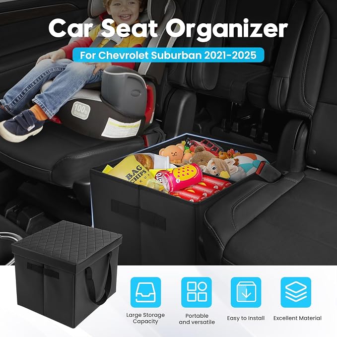Autorder Car Seat Organizer for 2021-2025 2026 Chevy Chevrolet Suburban/Tahoe Accessories Portable Backseat Organizer with Lid Handles Car Floor Storage for Kids Toys Baby Products Daily Necessities