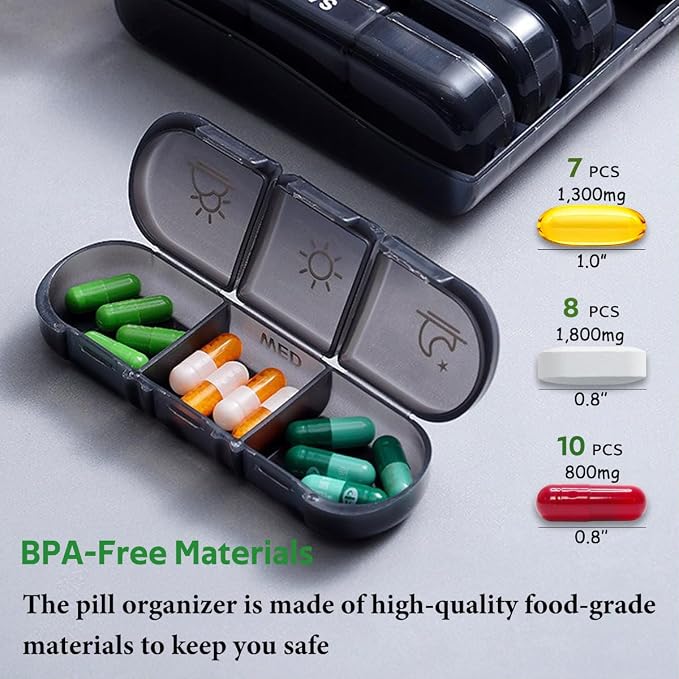 Weekly Pill Organizer 3 Times a Day, 7-Day Pill Boxes, Monthly Medication Organizer 21 Days Portable Compartments & Moisture-Proof Outer Case for Vitamins, Fish Oils, Supplements (Black)