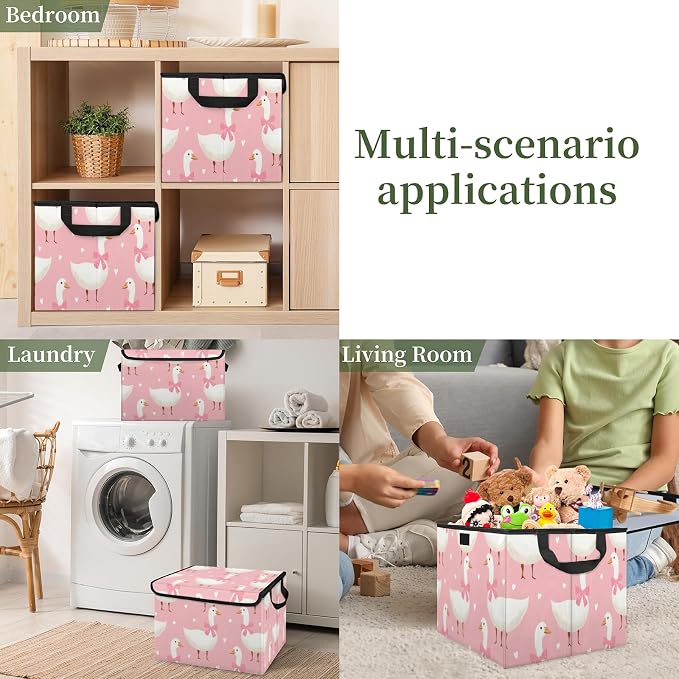 Cute Goose Storage Bins with Lids, Pink Bow Foldable Storage Boxes with Carrying Handle Organizer Containers Baskets Cube for Home Bedroom Closet