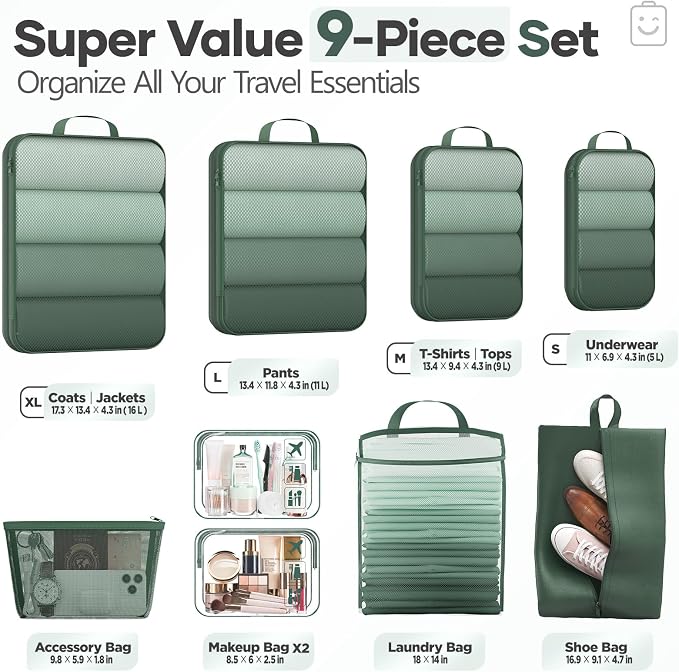 Veken 9/11 Set Compression Packing Cubes Garment Bags for Travel Essentials,Compressible Expandable Luggage Organizer Bags for Clothing,Space Saver Bags with Over 1000 pcs of Mesh Holes(Dark Green)