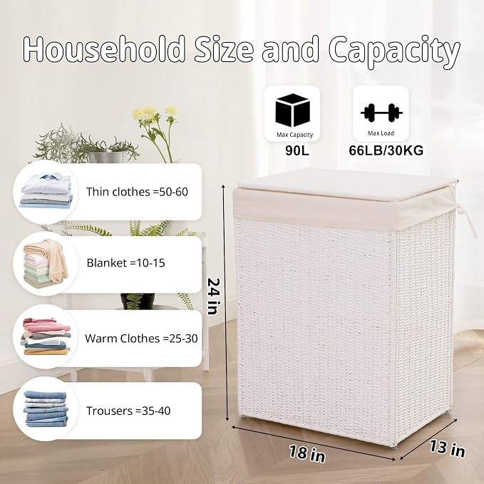 OIAHOMY Laundry Hamper with Lid, 90L(23.8 Gal) Large Wicker Laundry Basket for Bedroom, Handwoven Paper Rope Clothes Hamper with Washable Liner & Metal Frame, Decorative Organizer for Bathroom White