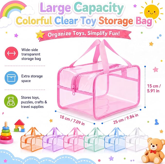 Shinylin 6 Pack Pastel Large Toy Storage Bags with Zipper 9.8 x 5.9 x 7.1 Inch Reusable Waterproof PVC Board Game Storage Bags with Labels for Puzzles Building Blocks Book Stationery