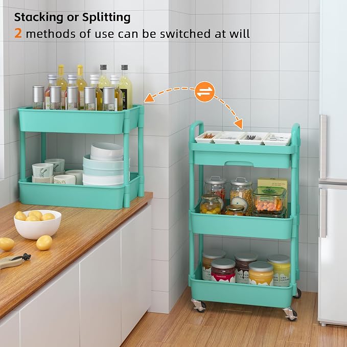 Calmootey 3-Tier Utility Cart with Drawer & Wheels, Storage for Home,Office | Space-Saving Organizer, Sturdy Plastic Shelves, Smooth-Rolling Metal Wheels, Built-in Drawer for Small Items, Green