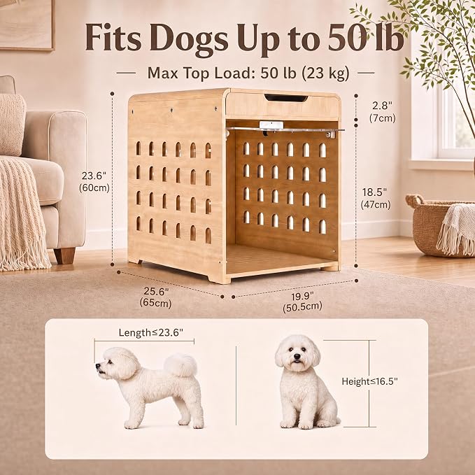 Modern Dog Crate Furniture Wooden Kennel with Charging Station End Table | Nightstand, Dog Cage, with Flip-Up Acrylic Door, Storage Drawer, for Medium Small Dogs, up to 50 lb, Living Room Bedroom, Oak