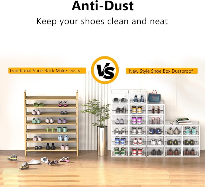 12 Pack X-Large Stackable Clear Plastic Shoe Storage Boxes Organizer, White | Easy to Assemble and Stack, Fit Size 10, Ventilated Dust-Proof, For Sneaker, Closet, Entryway, Under Bed, Replace Shoe Rack