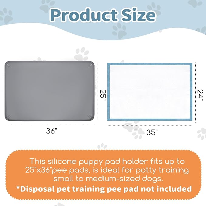 Pee Pad Holder, Silicone Dog Puppy Pad Tray for DogTraining Pads Non-Slip Leak-Proof High Edge Mat, Dog Potty Tray for Home Floor Protection- Grey 25" x 36"