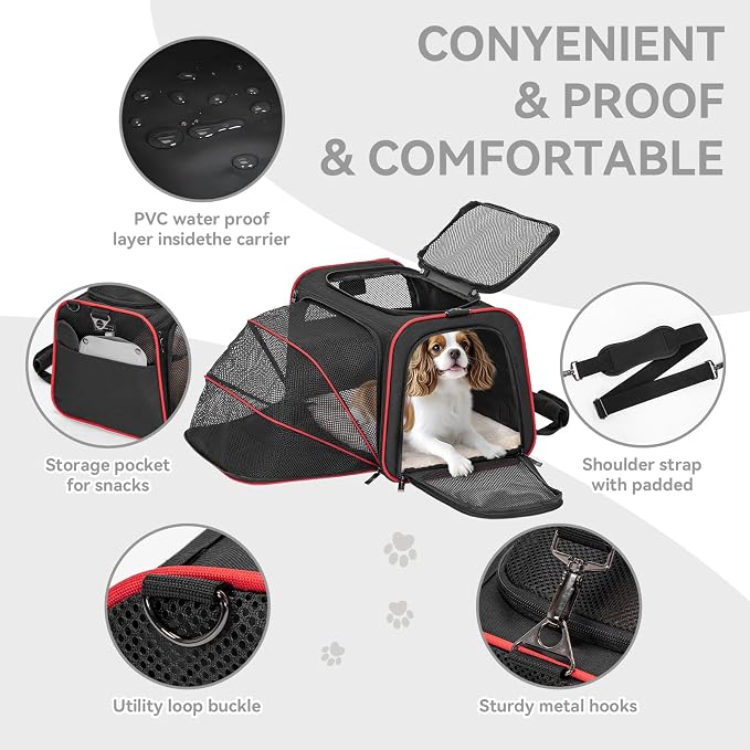 Petsfit Medium Expandable Cat Carrier for Air Travel, Up to 13 lb | 17 x 11 x 11 in; sized for Delta Air Lines, with locking zippers, a handy D-ring, large pocket and multi-side ventilation.