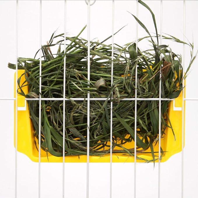 Rabbit Hanging Hay Feeder Rack Guinea Pig Mess-Free Dispenser Hay Bowl Manger Rack Wall-Mounted for Small Pets Rat Chinchilla Ferret Squirrel Cage Accessories (Yellow)