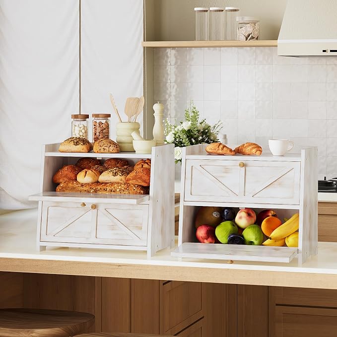 Trironsun Vintage Double Layer Bread Box for Kitchen Counter Bamboo Bread Storage Container Large Capacity Bread Storage Bin (Antique White)