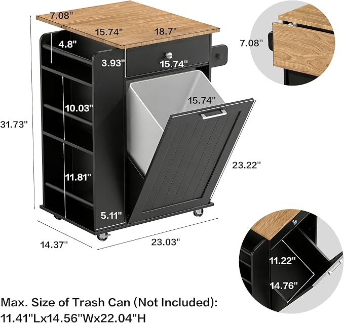 Kitchen Island, Island Table for Kitchen, Kitchen Carts on Wheels with Storage, Hidden Tilt Out Trash Cabinet