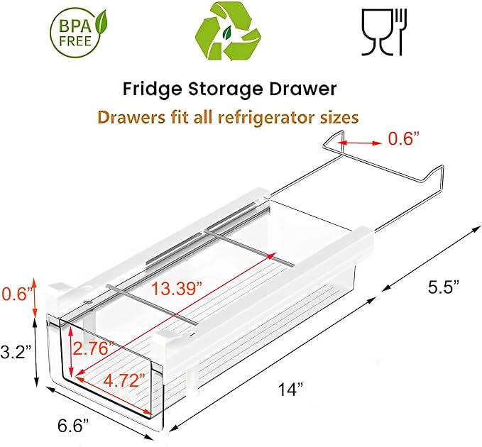 vacane Refrigerator Organizer Bins, Clear Plastic Fridge Drawer With Handle Pull Out Fridge Drawer Organizer Under Shelf Drawer For Cheese, Deli Meat, Drinks, Fruit, Vegetable, Heavy Duty-M