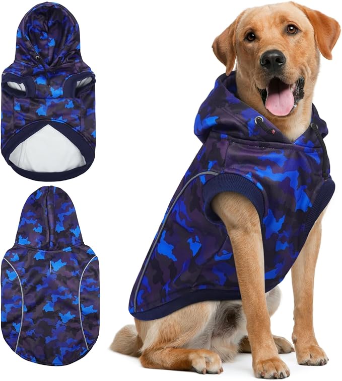 IECOii Dog Hoodie for Large Dogs, Fleece Lined Dog Sweatshirt Pullover with Leash Hole and Reflective Stripes, Windproof Warm Hoodie for Dogs Girl Boy, Fall Winter Doberman Hoodies, Blue Camo, XXXL