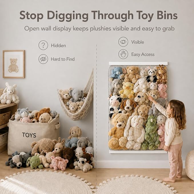 Stuffed Animal Storage Holder, Elastic Stuffed Animal Net,Door/ Wall Mount Length Adjustable Hanging Stuffed Animal Organizer, Plushie Net For Nursery Play Room-White Boards Patent