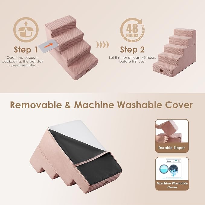 EHEYCIGA Dog Stairs for High Bed 22.5" H, 5-Step Dog Steps, Pink | Pet Steps for Small Dogs and Cats for Bed, Non-Slip Balanced Pet Ramp Indoor