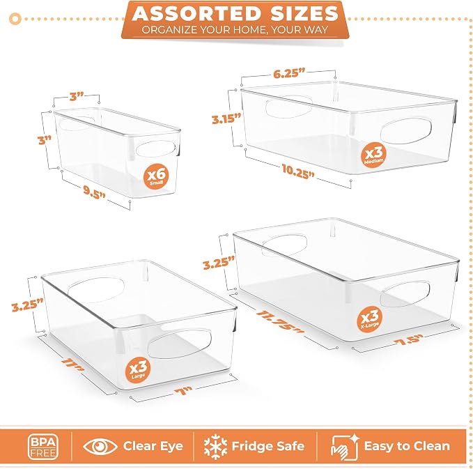 Sorbus Fridge Organizers and Storage, Clear Bins (15 Pack) | Handles support easy access and transport for pantry shelves, freezers, drawers and medicine-cabinet organization.