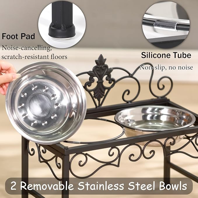 9" H Elevated Dog Bowls for Medium Dogs, Raised Dog Bowl for Food and Water | Matte Black Tall Dog Bowl with Double Stainless Steel Bowls , Perfect for Medium Large Dogs and Pets