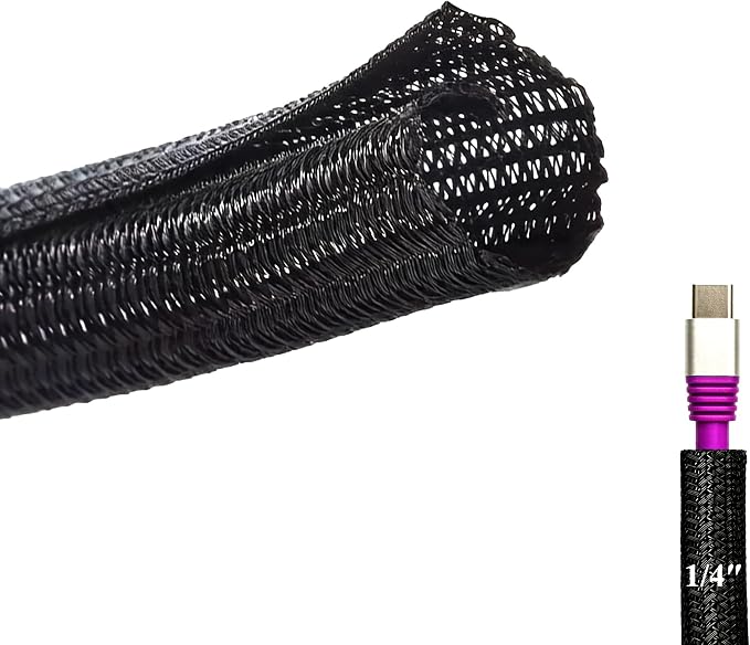 1/4" Split Cable Sleeve, PET Braided Wire Wraps Covers for Cord Management | Black 10Ft Flexible Wire Organizer Reusable Abrasion Resistance Slit Sleeve for Stereo Wires E-bike Computer Car Engine Bay