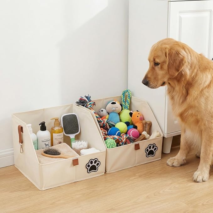 2-Tier Dog Shelves Storage Organizer, Dog Toy Basket, Hanging Closet Organizer for Pet, Fabric Storage Bins Dog Cabinet, Collapsible Baskets for Dog Toys,Collar,Clothes,Blanket -Beige
