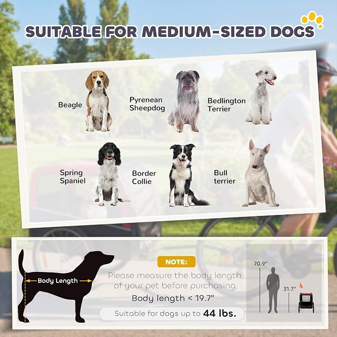 PawHut Dog Bike Trailer 20" Air Tires for Small Medium Breeds 44 lbs | Pet Cart Bicycle Carrier, Quick-Release Wheels, Reflectors, Flag, Dog Cart for Bicycle
