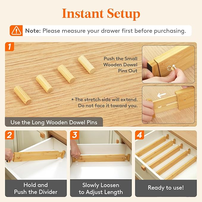 Lifewit 2.4" Kitchen Drawer Dividers, Adjustable Bamboo Drawer Organizers | 8 Pack 17.5"-22" Expandable Drawer Separator for Clothes, Utensils, Dresser, Cabinet, Closet, Nursery Organization & Storage