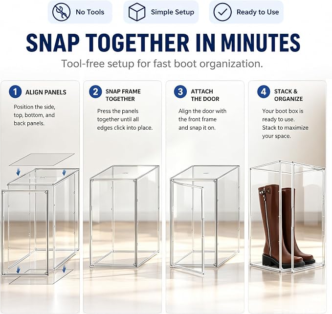23.6'' Tall Boot & Shoe Boxes, Clear Dustproof Acrylic Display Case | 13.8'' x 12.2'' x 23.6'' tall display case for boots, upright handbags, dolls, figures and display storage,1 Pack