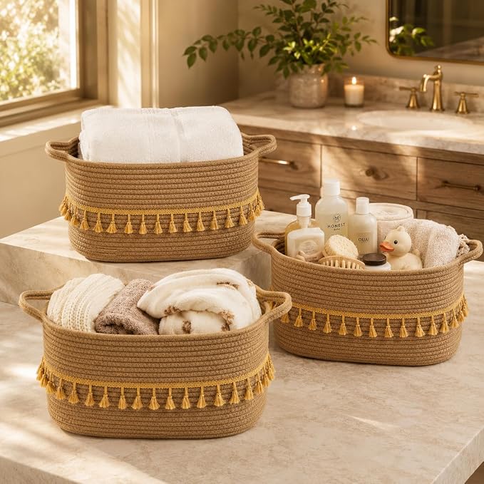 Storage Basket, Woven Baskets for Shelves, Brown Basket | 3 Pack Boho Cotton Rope Storage Baskets, 14" x 9" x 8", Home Organizer for Nursery, Holds Toys, Books & Towels